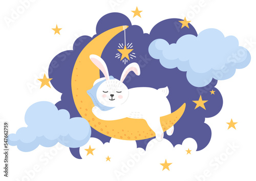Bed time. Cute rabbit sleeping on the moon. Sweet dreams. Children's illustration.