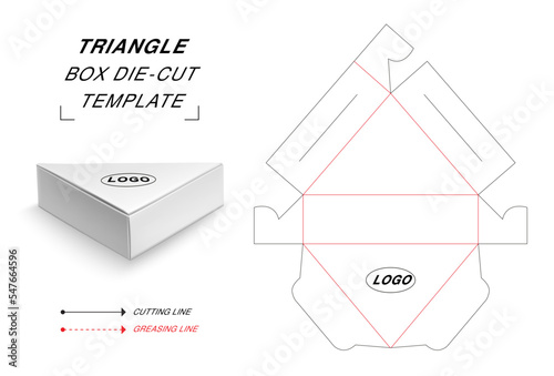 Triangle box die cut template with 3D blank vector mockup for food packaging