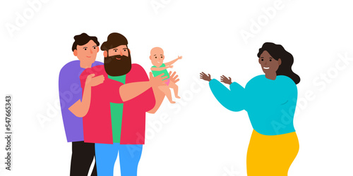gay couple give their  baby to woman babysitter vector illustration