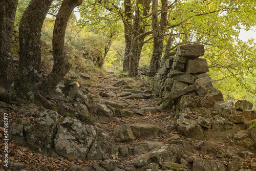 Cultural landscape in the Ardeche France at the village of Creysseilles near 07000 Privas stony path with dry masonry