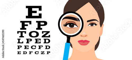 woman face eye chart magnifying glass ophthalmology eyesight test vector illustration