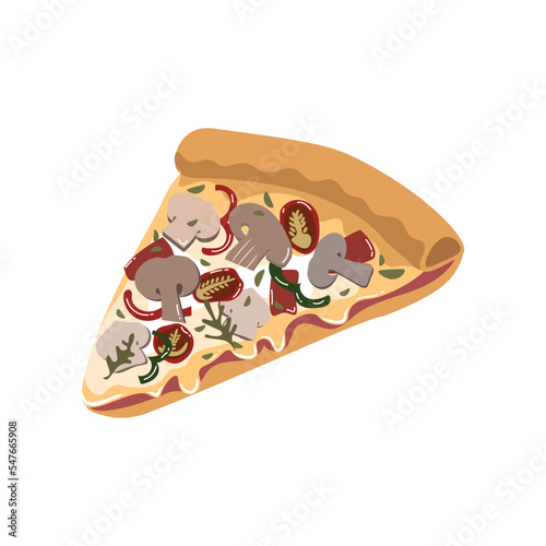 Vector illustration of delicious homemade mushroom and tomato pizza on white background