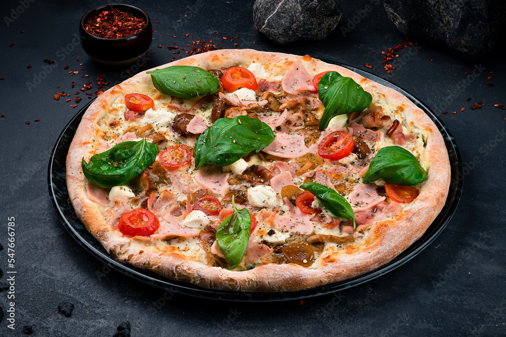 Tasty hot italian pizza Prosciutto with Parma ham, Cheese Mozzarella, Tomatoes Pizzeria menu. Tasty hot italian pizza Prosciutto with Parma ham, Cheese Mozzarella, Tomatoes Pizzeria menu.