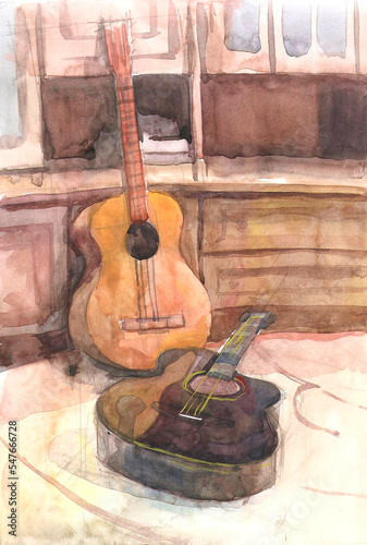watercolor drawing of black and brown guitars on the background of the cabinet