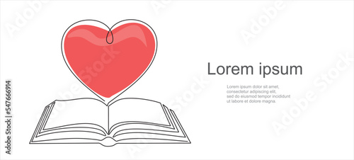 Open book and heart, continuous line vector illustration. one line vector drawing of a book and a heart, concept of love of reading. Black and white hand drawn image.
