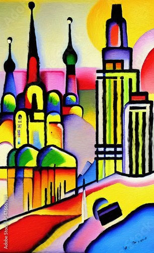 Old city center in Moscow, Russia. Red square, kremlin, cathedral. Cubism modern digital art