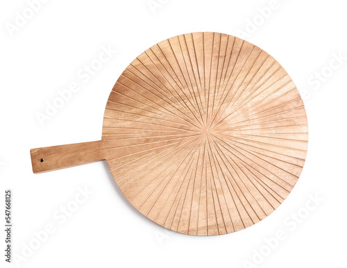Round wooden cutting board isolated on white, top view