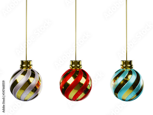 Realistic hanging christmas balls 3d redndering xmas decoration PNG file..