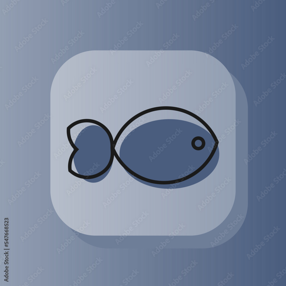 Obraz premium 3d square button fish on outline icon. Flat symbol sign vector illustration isolated on a blue background. Healthy nutrition concept