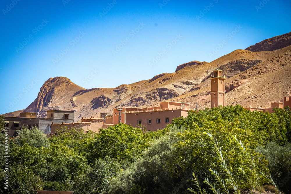 Fototapeta premium canyon, valley of roses, morocco, oasis, river, m'goun, high atlas mountains, north africa, mosque