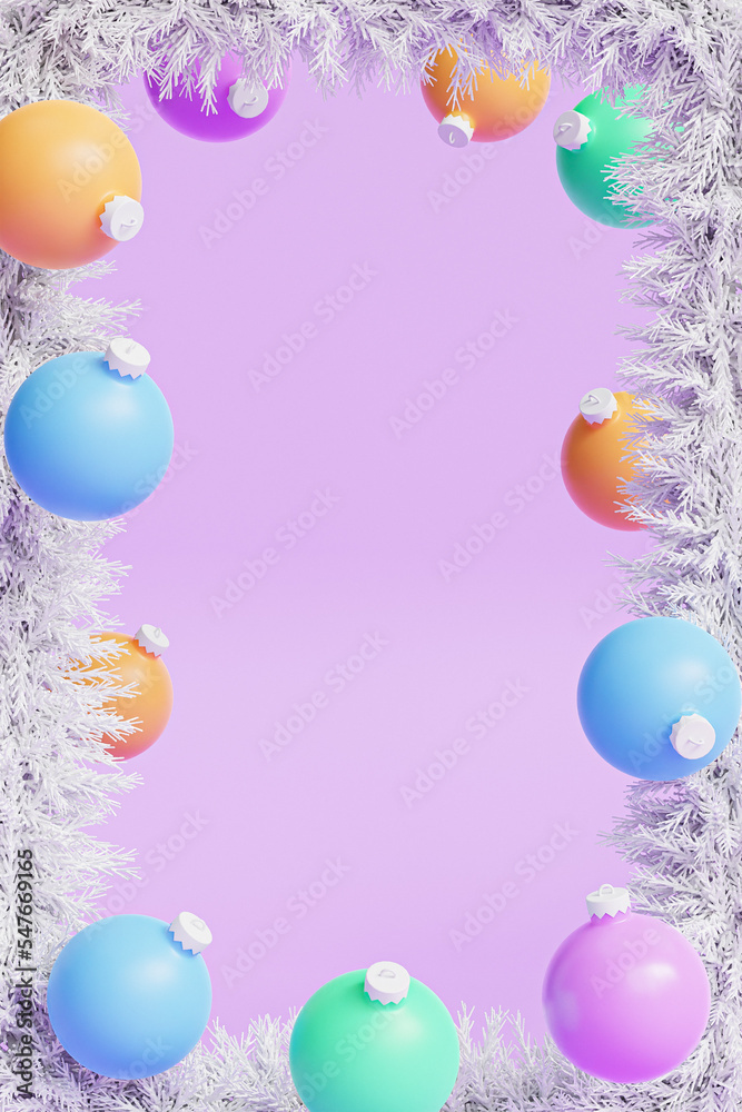 Baubles and Christmas wreath frame with copy space, holidays card, 3d render Baubles and Christmas wreath frame with copy space, holidays card, 3d render