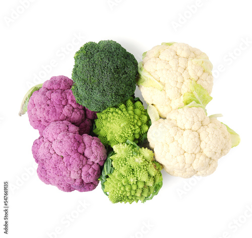 Different fresh cabbages on white background, top view