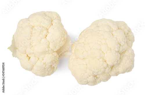 Cut fresh raw cauliflowers on white background, top view