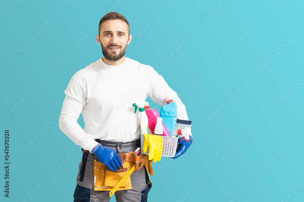 cleaner worker in gloves with detergents cleaner worker in gloves with detergents