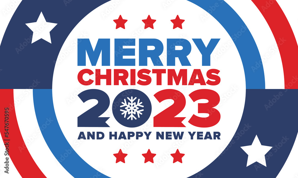 Merry Christmas and Happy New Year 2023. Magic holiday poster with snowflake. Winter celebration event. Christmas party. Congratulation card. Festive design template. Vector illustration Merry Christmas and Happy New Year 2023. Magic holiday poster with snowflake. Winter celebration event. Christmas party. Congratulation card. Festive design template. Vector illustration
