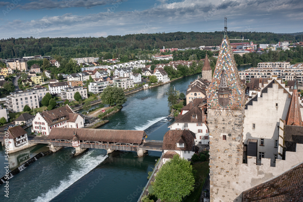 aerial view of a medieval town and bridge 