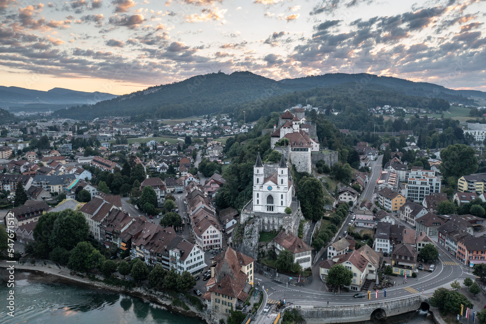 sunrise over a swiss medieval town 