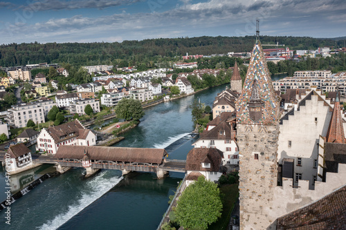Tableau sur toile aerial view of a medieval town and bridge