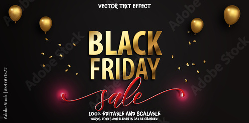 Black Friday Sale. Realistic black gold gifts boxes and gold baloons in the dark background. Editable golden text lettering. Horizontal banner, poster, header website. vector illustration 