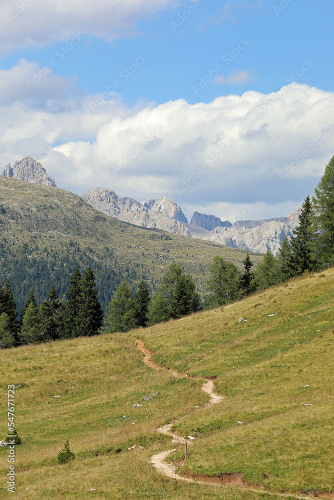 hiking trail in the Italian Alps in the Dolomites mountain range in Northern Italy