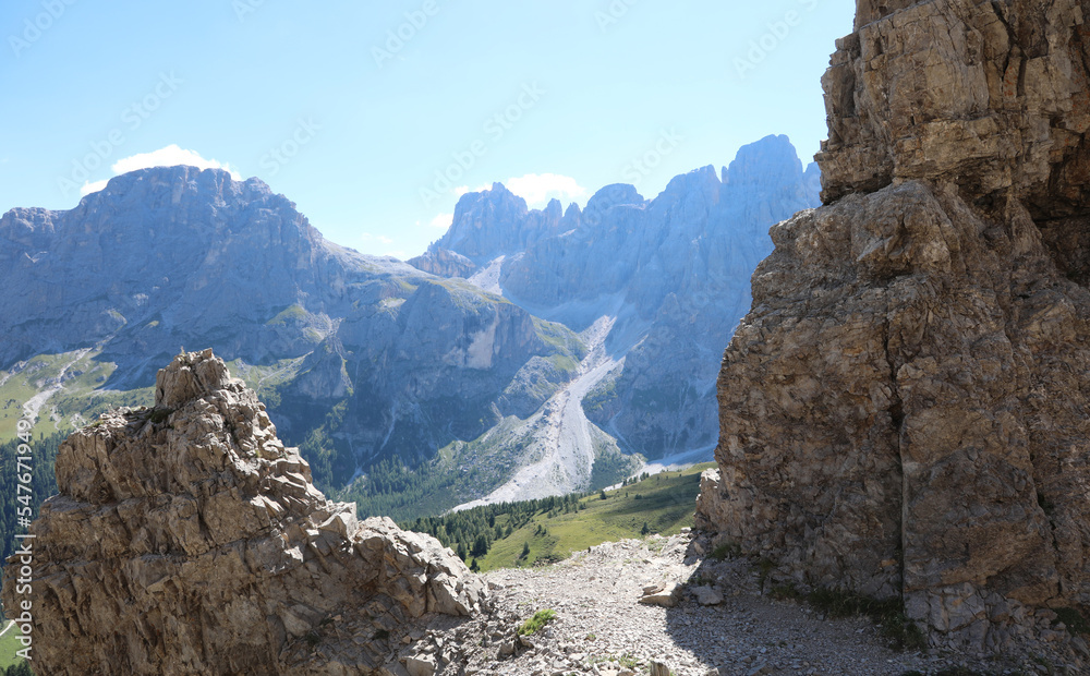 mountain panorama of the Italian alps in the mountain group of the Dolomites called Pale di San Martino in Italy