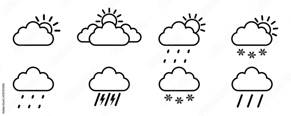 Set of weather vector icons. Forecast weather symbols. Black lines icons. Set of weather vector icons. Forecast weather symbols. Black lines icons.