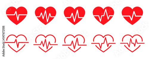 Set of heart beat vector icons. Pulse or rhythm red heart. Vector 10 Eps.