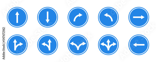 Set of road traffic signs. Road arrow direction. Direction or pointer for transport. Blue signpost traffic. 