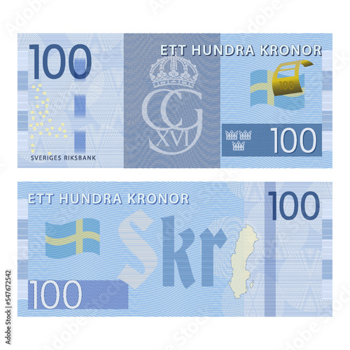 Vector gaming Scandinavian banknote. Inscriptions in Swedish mean one hundred crowns and the Swedish national bank. Obverse and reverse banknotes, flag, symbols and guilloche patterns