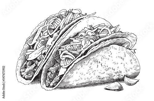 Taco hand drawn engraving style sketch Restaurant business concept Vector illustration.