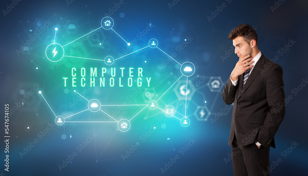 Businessman thinking about technology concept Businessman thinking about technology concept