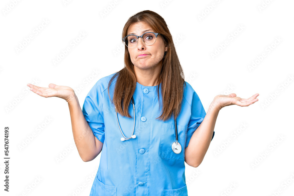 Middle age nurse woman over isolated background having doubts while raising hands Middle age nurse woman over isolated background having doubts while raising hands