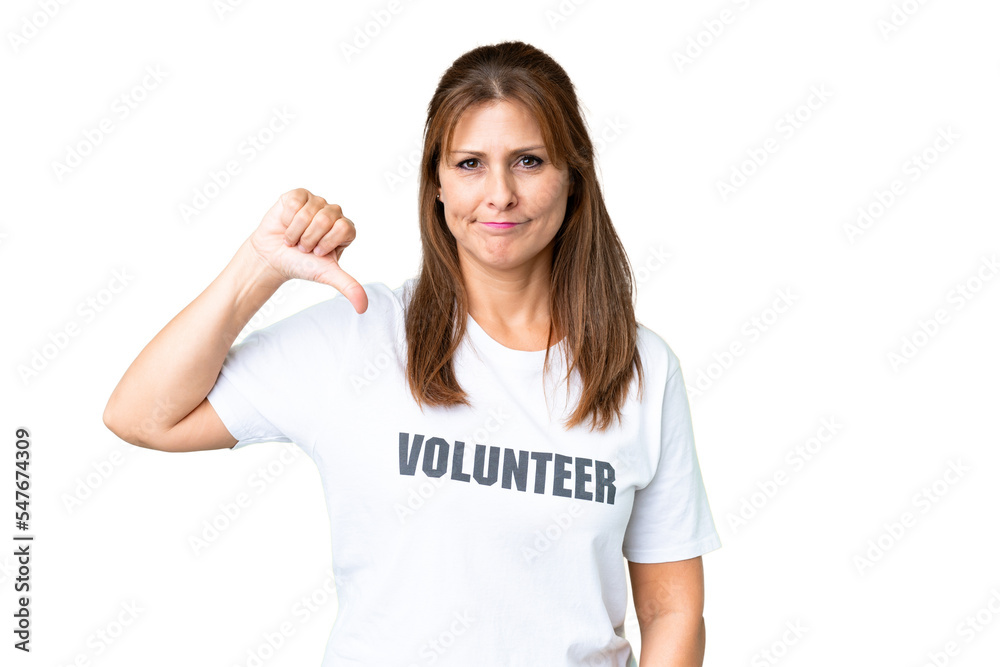 Middle age volunteer woman over isolated background showing thumb down with negative expression Middle age volunteer woman over isolated background showing thumb down with negative expression
