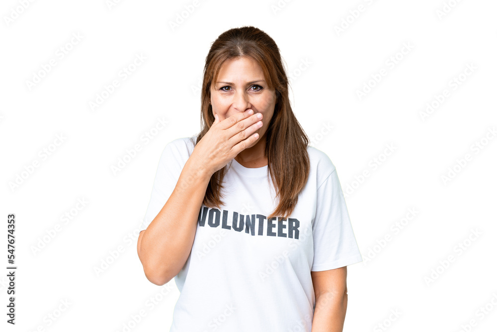 Middle age volunteer woman over isolated background happy and smiling covering mouth with hand Middle age volunteer woman over isolated background happy and smiling covering mouth with hand