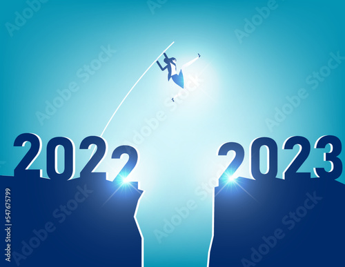 Year 2023 overcome business difficulty. Pole vault jump across gap from year 2022 to 2023