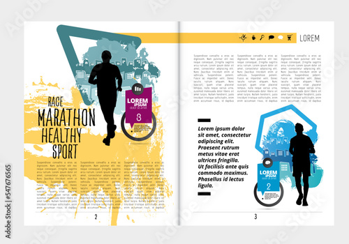 Sport magazine, brochure layout easy to editable. Running marathon, people run - vector illustration