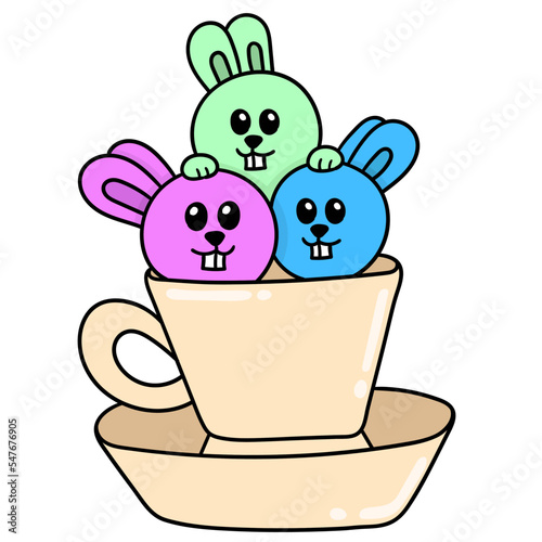 Digital illustration of cute cartoon colorful bunnies in a teacup on a white background