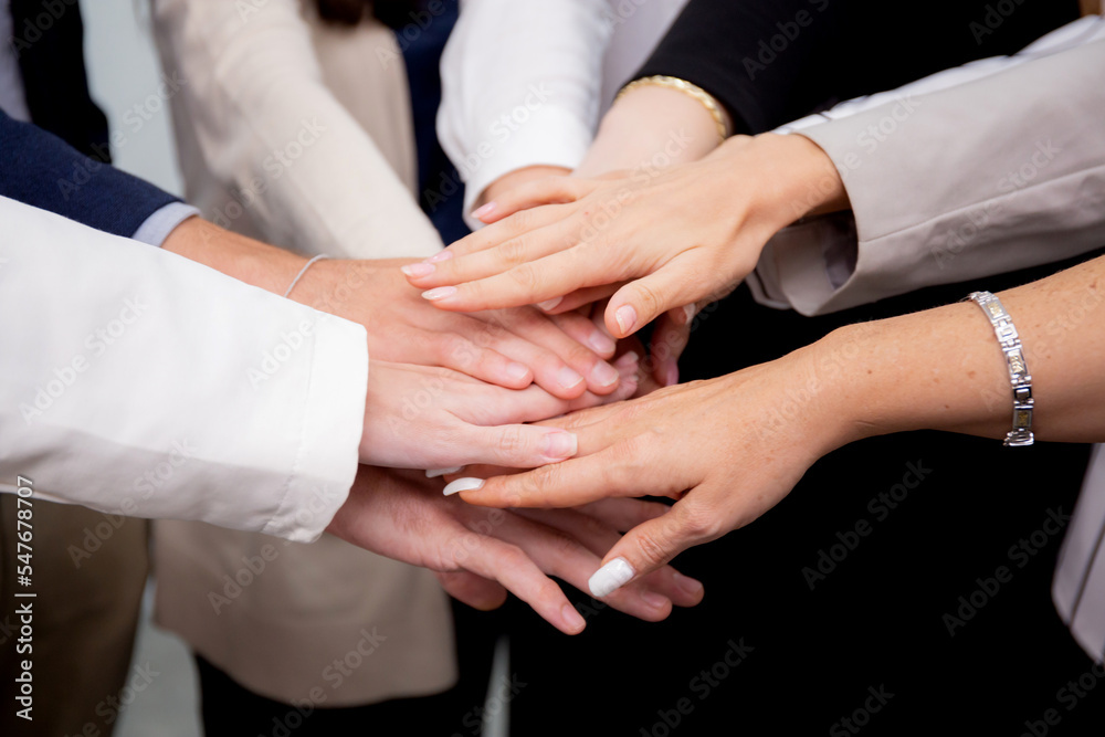 Group of business team harmonious with man and woman joining hands stack together in enterprise for victory and success, teamwork of partnership with meeting and cheering for achievement. Group of business team harmonious with man and woman joining hands stack together in enterprise for victory and success, teamwork of partnership with meeting and cheering for achievement.
