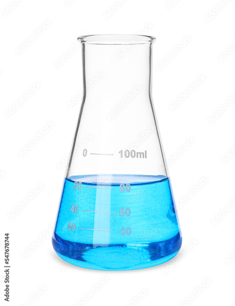 Glass flask with light blue liquid isolated on white Glass flask with light blue liquid isolated on white