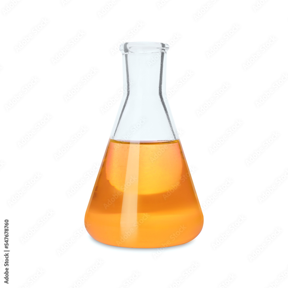 Glass flask with orange liquid isolated on white Glass flask with orange liquid isolated on white