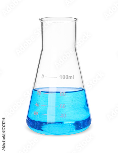 Glass flask with light blue liquid isolated on white