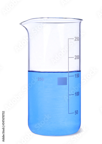 Glass beaker with light blue liquid isolated on white