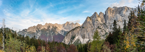 Panoramic view on a mountain range in the Julian Alps in Slovenia, seen from the street leading to the Vrata Pass