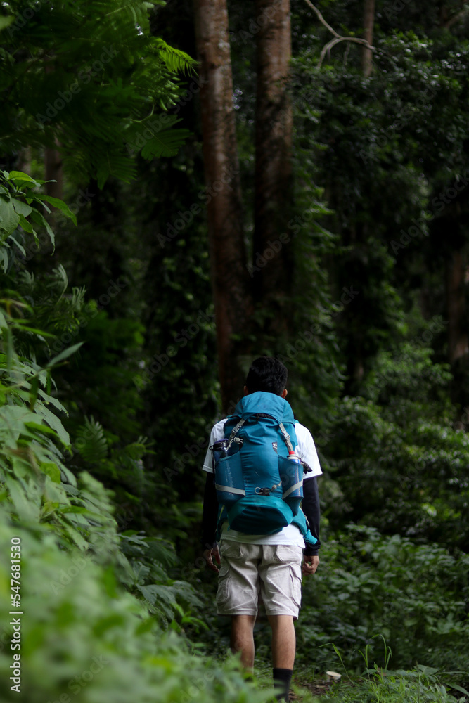 asian man with black hair holding blue mountain backpack standing facing green tropical forest