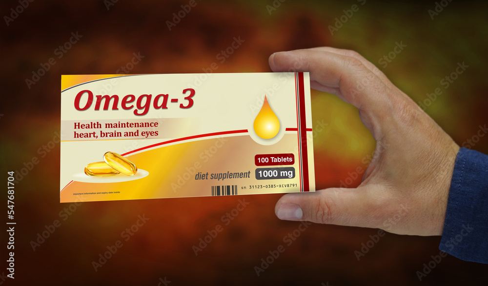 Omega 3 oil tablets pack in hand 3d illustration