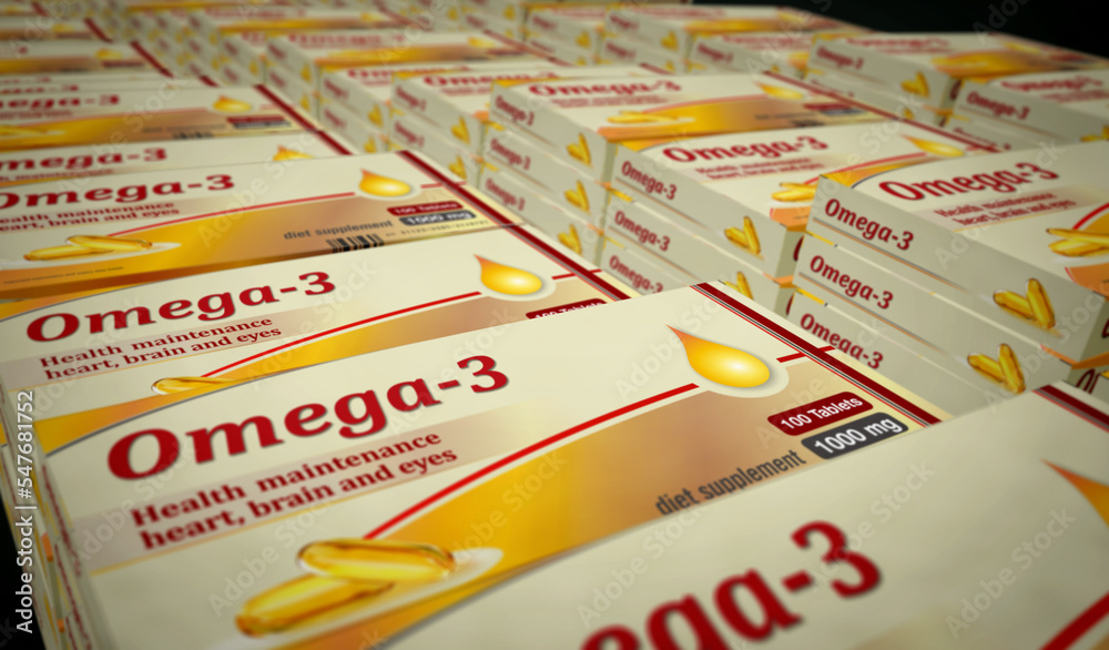 Omega 3 oil tablets pack 3d illustration Omega 3 oil tablets pack 3d illustration