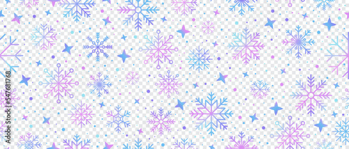 Abstract snowflake seamless border. Snowflakes seamless pattern. Snowfall repeat backdrop. Winter holidays theme. Seamless background with snowflakes. Vector illustration