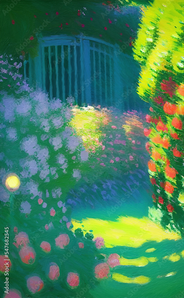 Fototapeta premium Rural landscape, field of flowers, lavender provence view. Village nature. Digital art illustration.