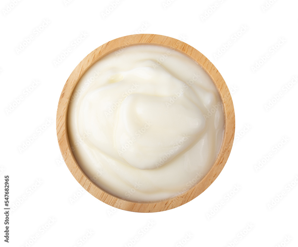 Yoghurt in wood bowl on transparent png Yoghurt in wood bowl on transparent png