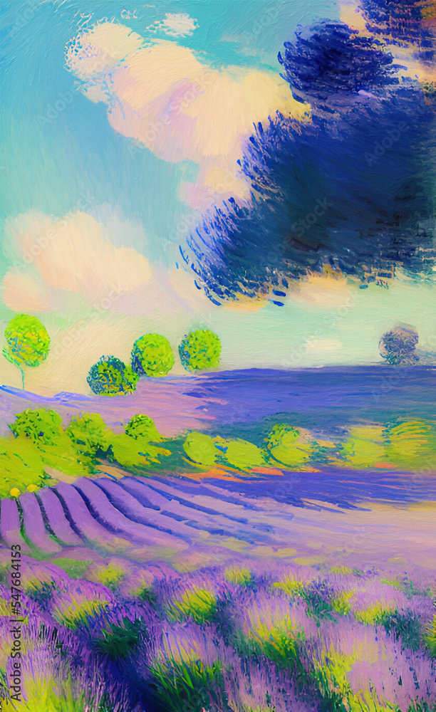 Rural landscape, field of flowers, lavender provence view. Village nature. Digital art illustration.